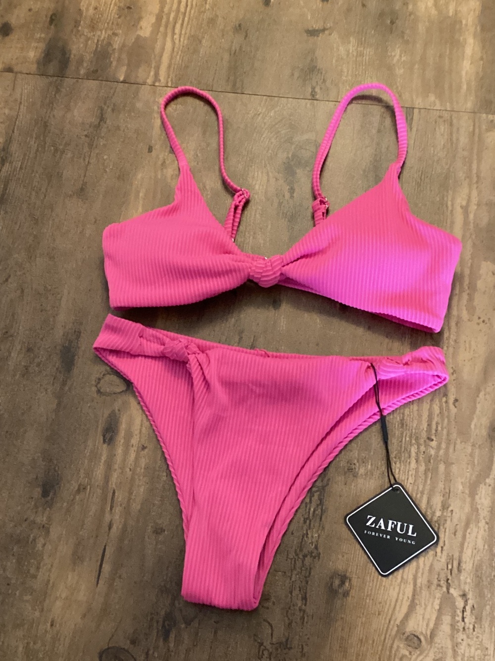 Zaful Hot Pink Ribbed Knot Two-Piece Bikini